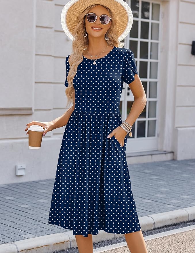 HOTOUCH Women's Summer A-Line Midi Dresses 2026 Casual Floral Short Sleeve T-Shirt Dress Flowy Beach Sundress with Pockets