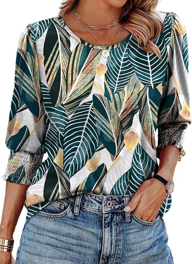 XIEERDUO Blouses for Women Dressy Casual 3/4 Length Sleeve Womens Tops with Smocked Cuffs