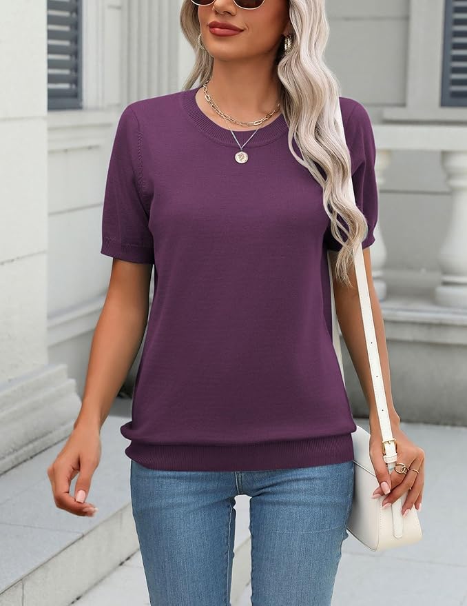 Zeagoo Womens Summer Short Sleeve Tops Crew Neck Lightweight Pullover Sweaters Loose Dressy Casual Blouse Basic Clothes