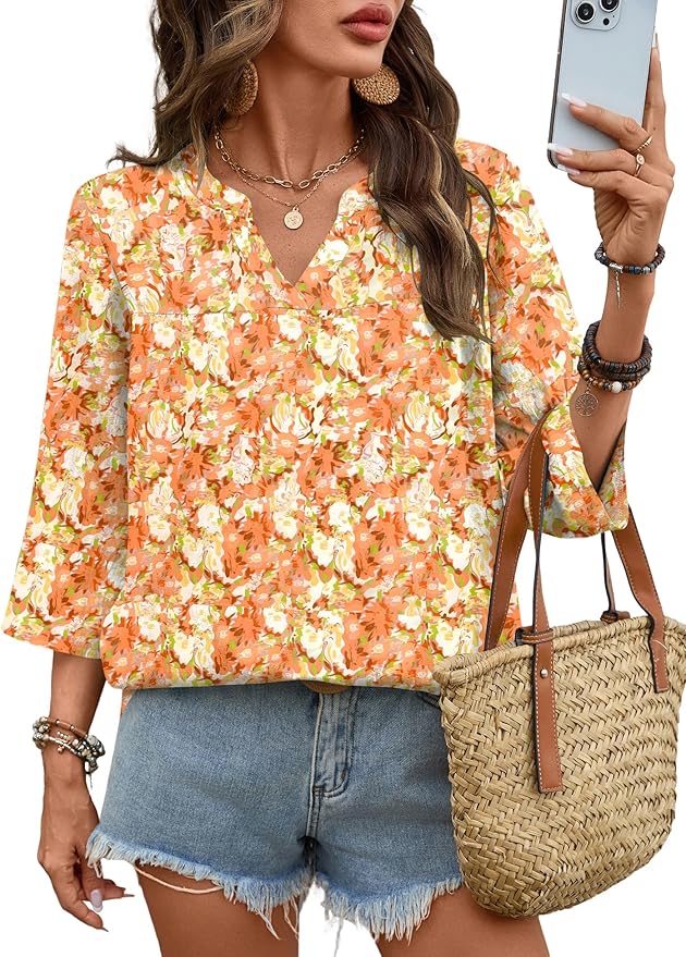 Rapbin Womens 3/4 Sleeve V Neck Floral Print Pleated Blouses for Women Dressy Casual Loose Fit Tops