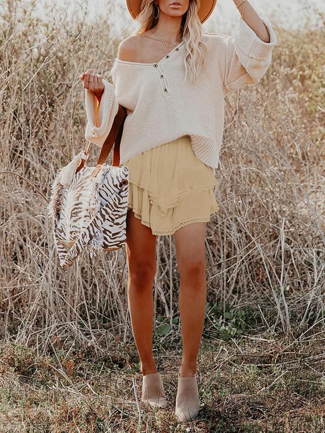 Aoudery Flowy Shorts for Women Casual Boho Ruffle Tiered Skorts High Waist Mini Skirts Golf Tennis Crochet Shorts