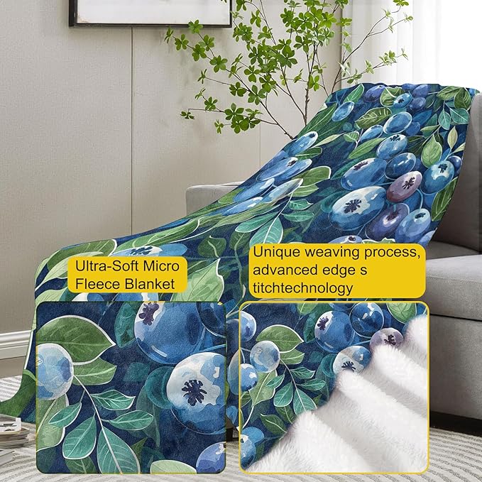 Blueberry Blanket, Fruit Themed Flannel Throw Blankets,Soft Warm Lightweight Cozy Plush Throws for Bedroom Sofa Office Home Decor Gifts for Women Girls 50"x40"