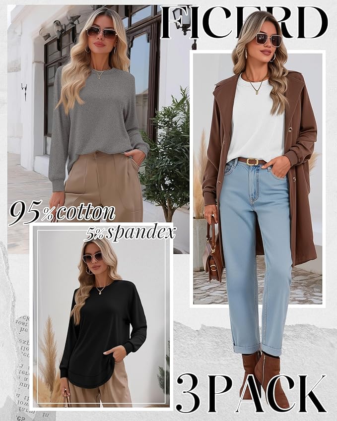 Ficerd 3 Pack Women's Long Sleeve Shirts, Cotton Crew Neck Tunic Tops Casual Loose Fit Pullover Sweatshirts Curved Hem Shirts