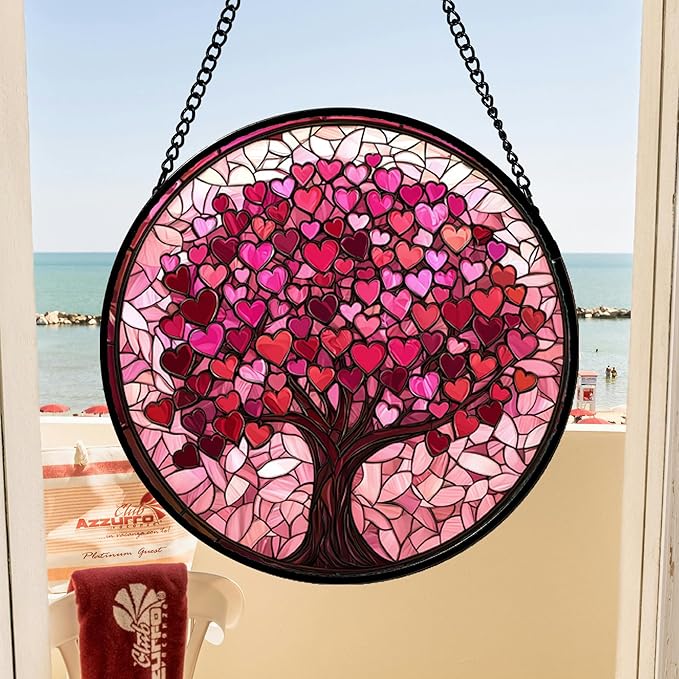 Stained Glass Window Hanging, Pink Love Tree of Life Sun Catchers Colorful Glass Panel Suncatcher Decor for Birthday for Women, Men, Wife, Lovers, and Mom 14.9x14.9 in
