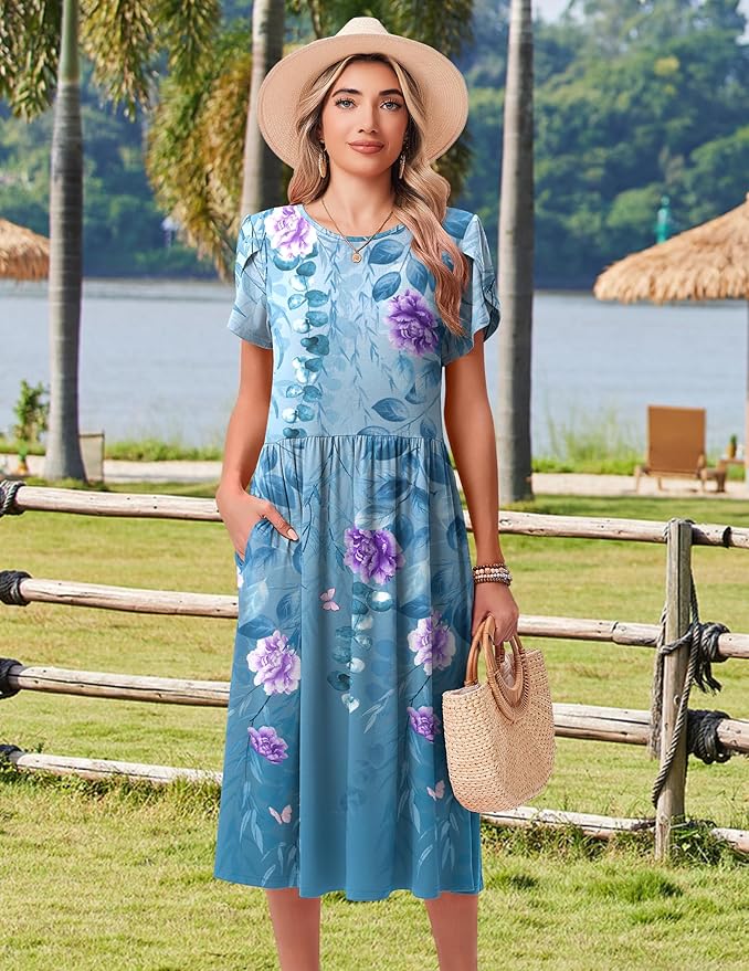HOTOUCH Women's Summer A-Line Midi Dresses 2026 Casual Floral Short Sleeve T-Shirt Dress Flowy Beach Sundress with Pockets