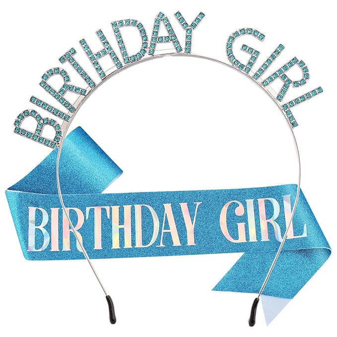 AOPRIE Birthday Girl Crown for Women with Sash Blue Happy Birthday Tiara for Women Headband Princess Crown Rhinestone Accessories