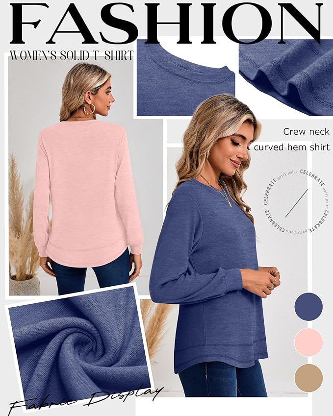 Ficerd 3 Pack Women's Long Sleeve Shirts, Cotton Crew Neck Tunic Tops Casual Loose Fit Pullover Sweatshirts Curved Hem Shirts