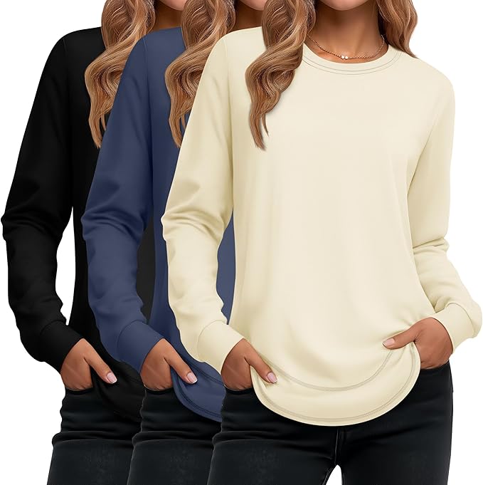 Ficerd 3 Pack Women's Long Sleeve Shirts, Cotton Crew Neck Tunic Tops Casual Loose Fit Pullover Sweatshirts Curved Hem Shirts