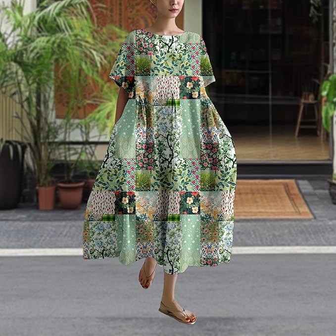 MARSVOVO Patchwork Flowy Dresses for Women Plus Size Loose Casual Tunic Dress Elegant Crewneck Maxi Dresses with Pockets