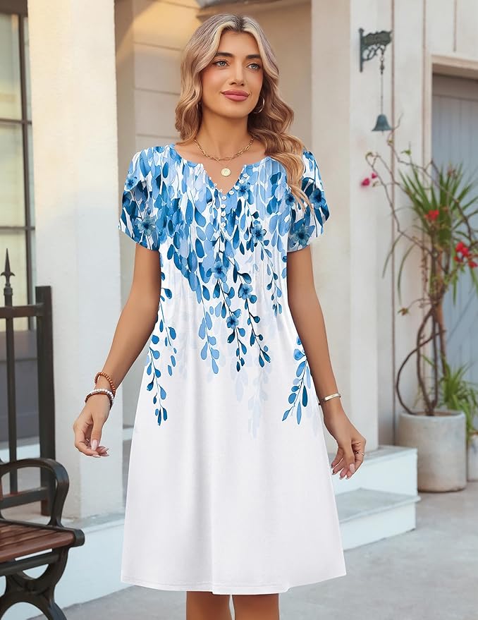 Zeagoo Women's Casual Dresses with Pockets Summer Floral V-Neck A-Line Tshirt Dress Short Sleeve Mini Dress Beach Sundress