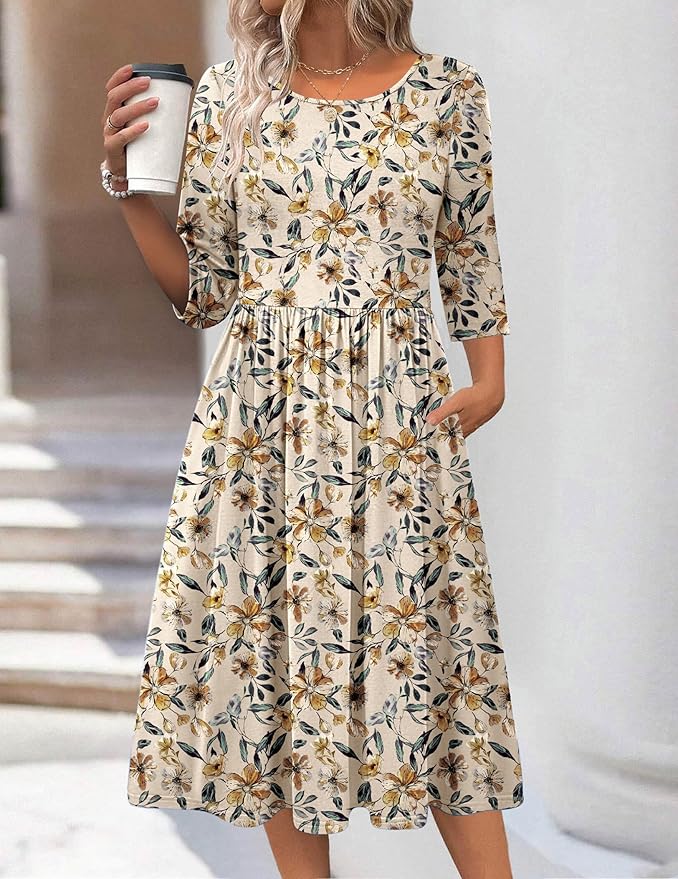 Zeagoo 3/4 Sleeve Women's Dress Casual Flowy A-Line Midi Tshirt Dresses with Pockets Crewneck Vocation Boho Beach Sundress