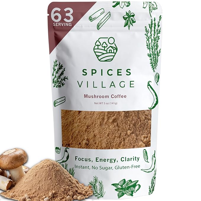 Spices Village Instant Mushroom Coffee with Lion’s Mane & Chaga, 5 oz (63 Servings), Ground Mushroom Arabica Instant Coffee, Kosher
