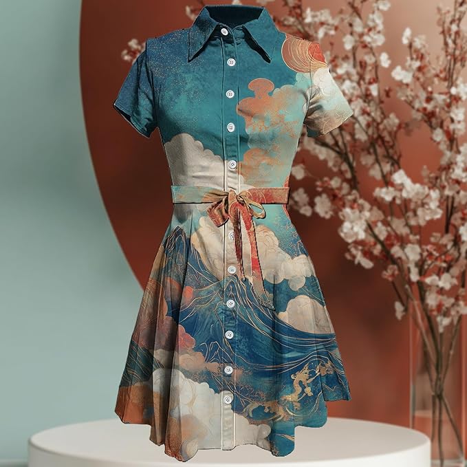 MARSVOVO Japanese Art Shirt Dresses for Women Short Sleeve Ruffle Button Down Tie Waist Trendy Elegant Midi Dress