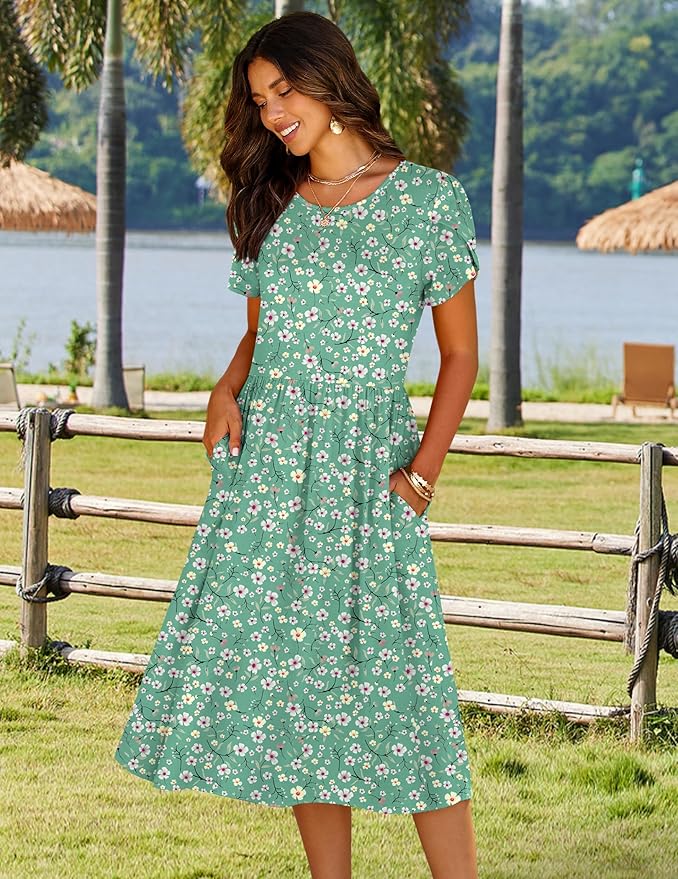 HOTOUCH Women's Summer A-Line Midi Dresses 2026 Casual Floral Short Sleeve T-Shirt Dress Flowy Beach Sundress with Pockets