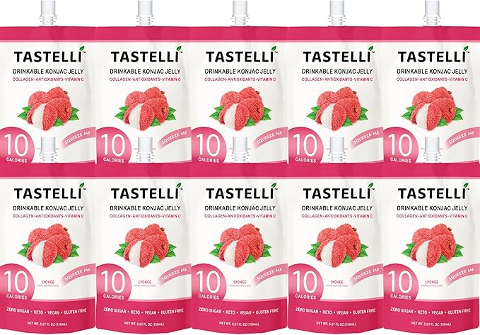 Tastelli Konjac Jelly Infused with Collagen Drink + Vitamin C + Antioxidants / 10 Calories, Vegan, Zero Sugar/Healthy Drinkable Dessert Pouch / (Lychee) - 150mL x 10 Pouches
