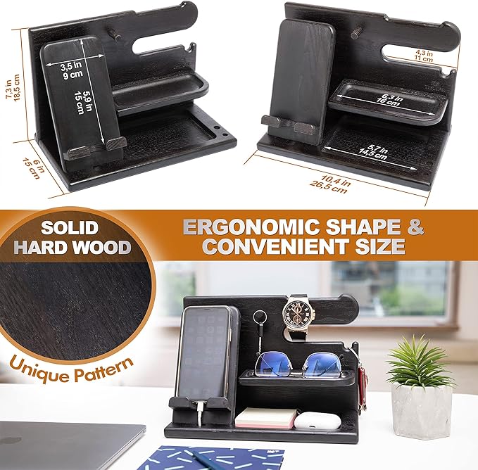 TESLYAR Wood Phone Docking Station for Men - Desk or Nightstand Organizer - Birthday Gifts for Husband, Dad - Anniversary Idea from Wife - Key Holder, Stand Wallet, Watch & Essentials (Granite Black)