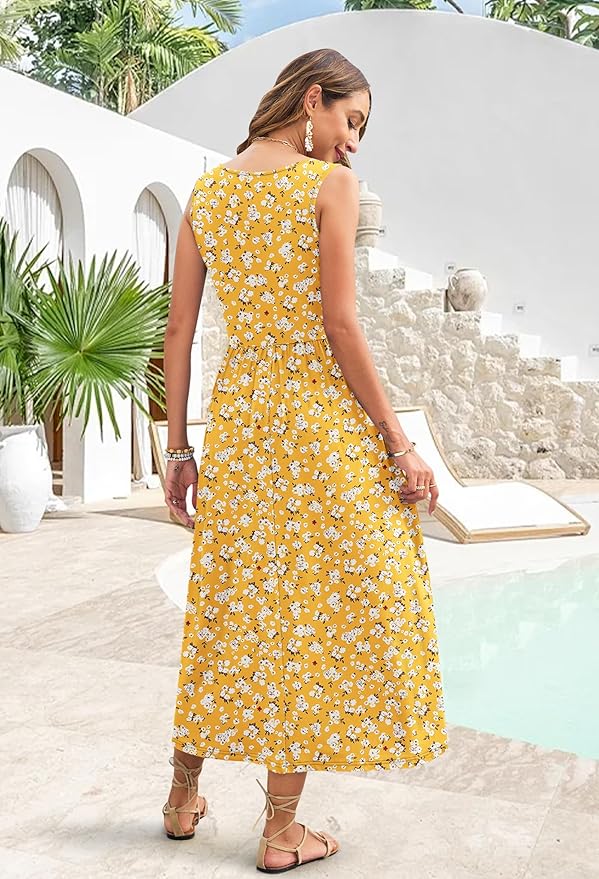 WNEEDU Women's Summer Maxi Dress 2026 Casual Sleeveless Hawaiian Sundress Tropical Long Dress Beach Vacation Outfit