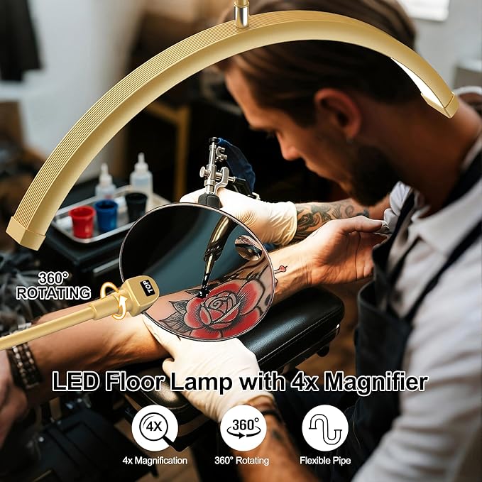 Half Moon Lash Light - Adjustable LED Floor Lash Lamp with 4X Magnifier & Phone Holder for Eyelash Extensions,Nail Art,Tattoo,Skincare,Salon SPA-Dimmable Brightness,Rotating Head, Gold