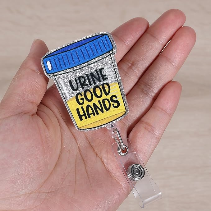 Urine Good Hands Funny Urology Badge Reel, Cute Nephrology Retractable ID Card Badge Holder, Name Tag Work Badge Clip for RN LPN CNA MA ER Nursing Student ED OB/GYN Urinalysis Lab Doctor, Nurse Gifts