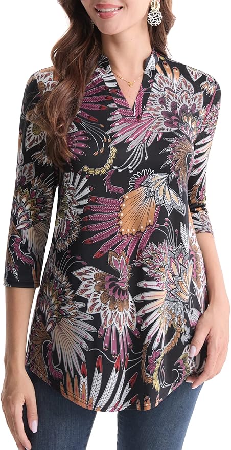 BAISHENGGT 3/4 Sleeve Tops for Women Notch V Neck Floral Work Blouses Dressy Casual Loose Fit Going Out Tunic Tops