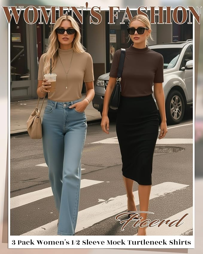 Ficerd 3 Pack Women's 1/2 Sleeve Mock Turtleneck Shirts, Elbow Length Shirt Half Sleeve Tunic Top Casual Summer Basic Tees