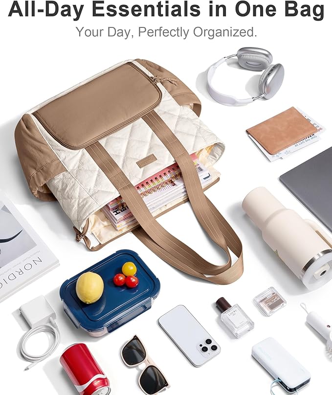 Puffer Lunch Tote Bag for Women, 15.6 Inch Laptop Work Bag with Insulated Lunch Compartment & Large Cup Holder, Lightweight Quilted Puffy Lunch Box Purse for Teacher Nurse Travel Office Daily School