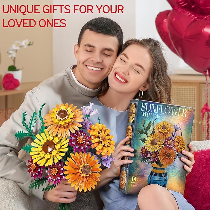 Sunflower Bouquet Building Blocks w/ Vase Set, 1065 PCS Botanical Collection Valentine Birthday Gifts for Adult Women Her Him Mom Teenage, Artificial Flower Home Decor Stocking Stuffers for Teen Girls