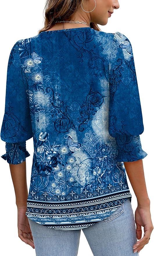 XIEERDUO Blouses for Women Dressy Casual 3/4 Length Sleeve Womens Tops with Smocked Cuffs