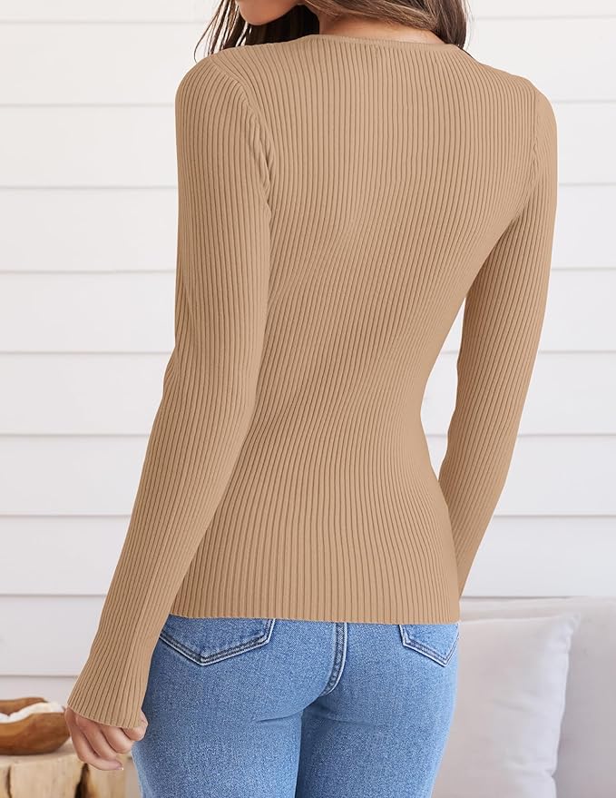 ZESICA Women's Long Sleeve Crewneck Shirts 2026 Fall Ribbed Knit Sweater Slim Fitted Casual Basic Tee Tops