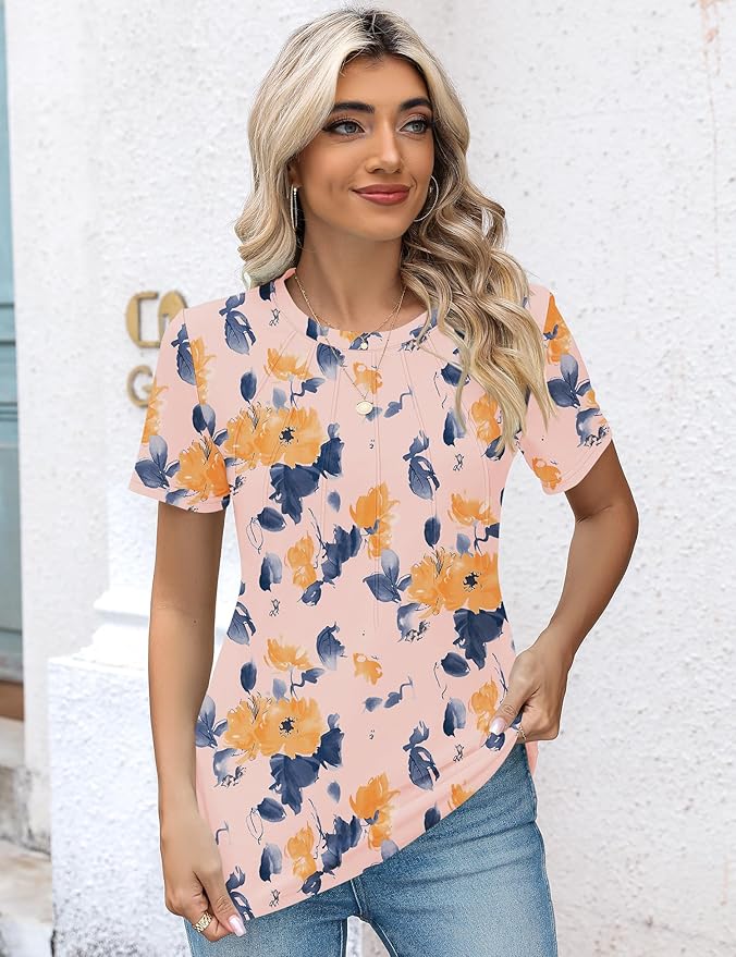 Kistore Womens Casual Crew Neck Short Sleeve Pleated Tops Blouses Fashion Clothes 2026