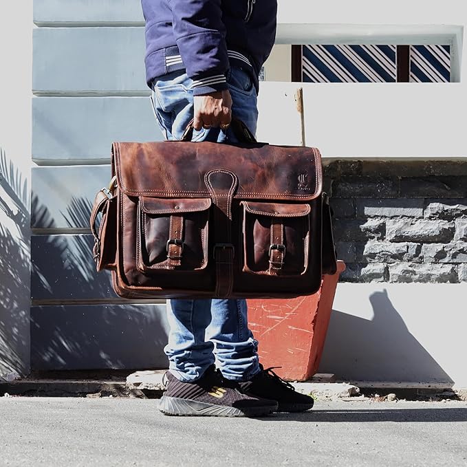 Leather Briefcase Work Bag for Men Women Dark Brown Crossbody Genuine Leather Satchel Office Bag for Men Women 18 Inch Computer Travel Messenger Laptop Shoulder Bag Cureo