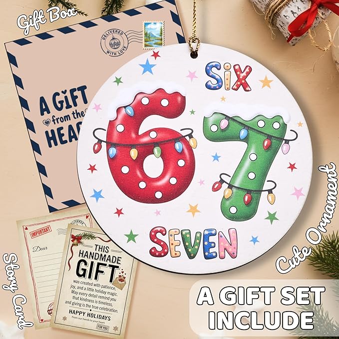 67 Funny Christmas Ornament – 67 Meme Six Seven Teen Slang Ornament, Double-Sided Wood UV Print 10cm Round Xmas Tree Decor, Viral Meme Gift for Teen Boys Girls Gen Z