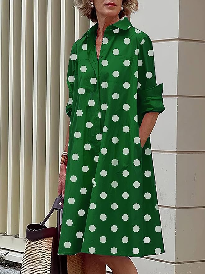 Womens 2025 Long Sleeve Button Down Shirt Summer Dress Casual V Neck Loose Fit Midi Shirt Dresses with Pockets