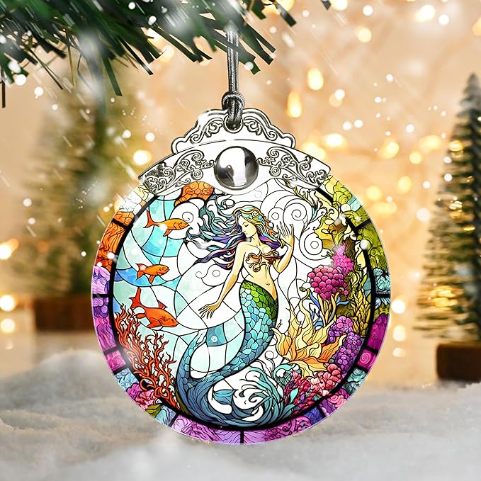 Jocidea Mermaid Stained Glass Ornament - Christmas Tree Decor, Mermaid Gifts & Holiday Xmas Gifts Ideas
