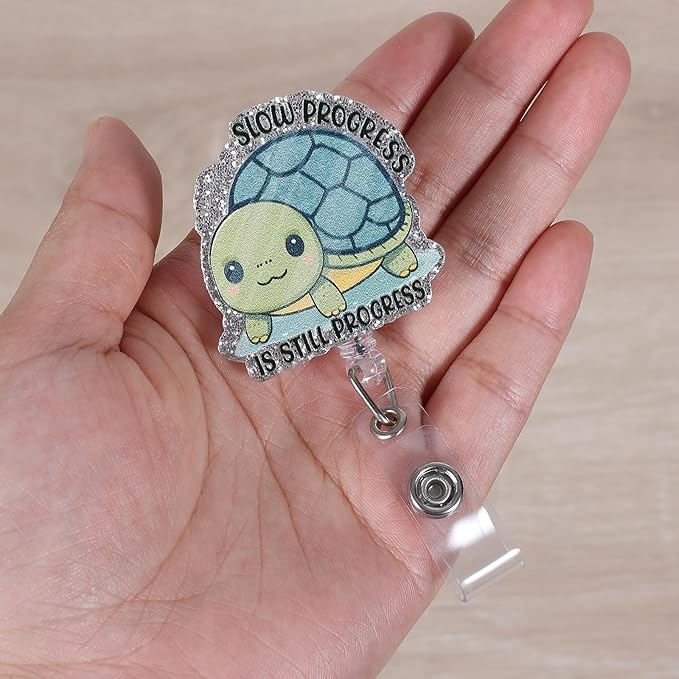 Slow Progress is Still Progress Funny Badge Reel, Cute Turtle Retractable ID Card Badge Holder, Name Tag Work Badge Clip for ICU RN LPN CNA MA Nursing Student Doctor Teacher Librarian, Nurse Gifts