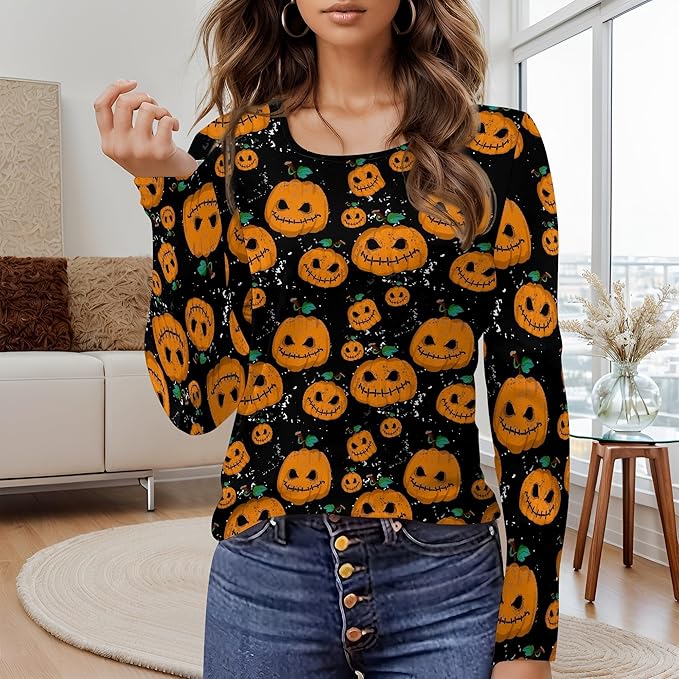 domirica Halloween Sweatshirts For Women Cute Pullover Fall Long Sleeve Pullover U-Neck Halloween Crazy Party Club Clothes