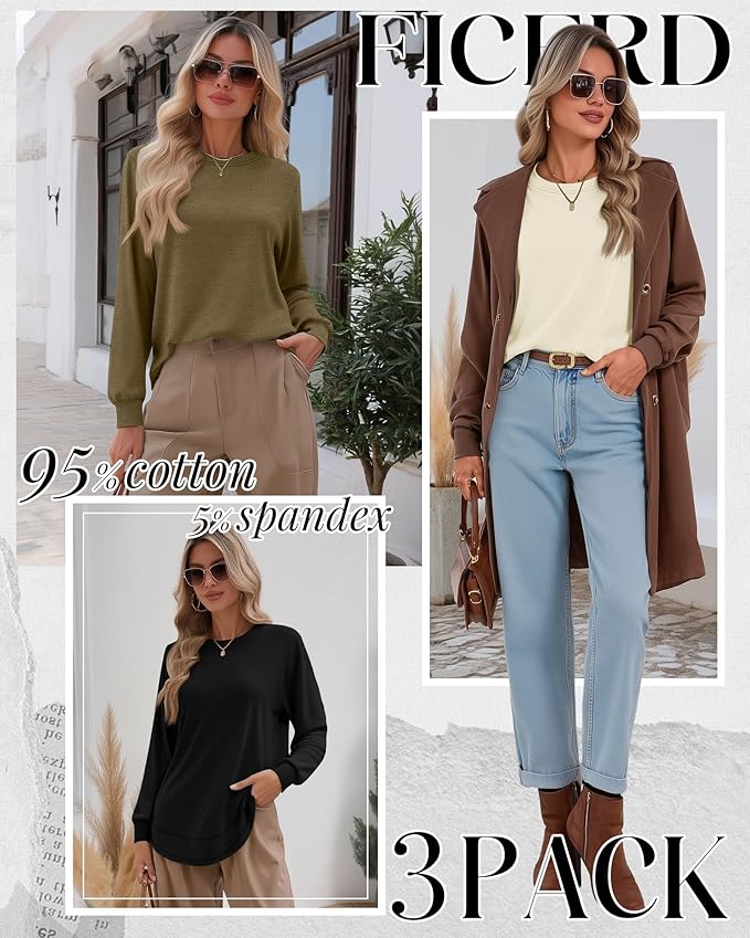 Ficerd 3 Pack Women's Long Sleeve Shirts, Cotton Crew Neck Tunic Tops Casual Loose Fit Pullover Sweatshirts Curved Hem Shirts