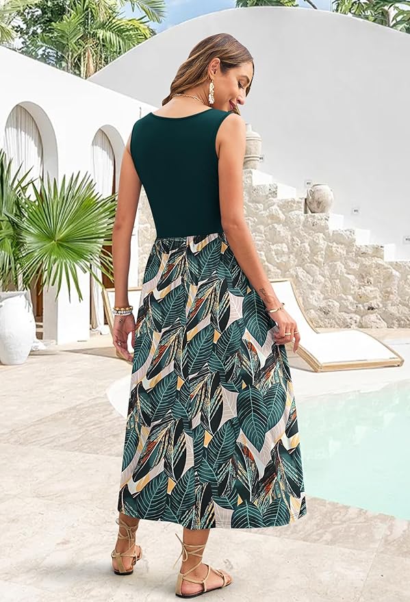 WNEEDU Women's Summer Maxi Dress 2026 Casual Sleeveless Hawaiian Sundress Tropical Long Dress Beach Vacation Outfit