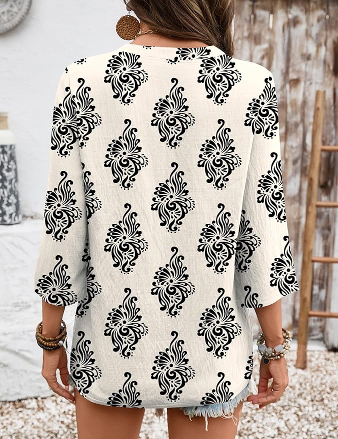 Rapbin Womens 3/4 Sleeve V Neck Floral Print Pleated Blouses for Women Dressy Casual Loose Fit Tops
