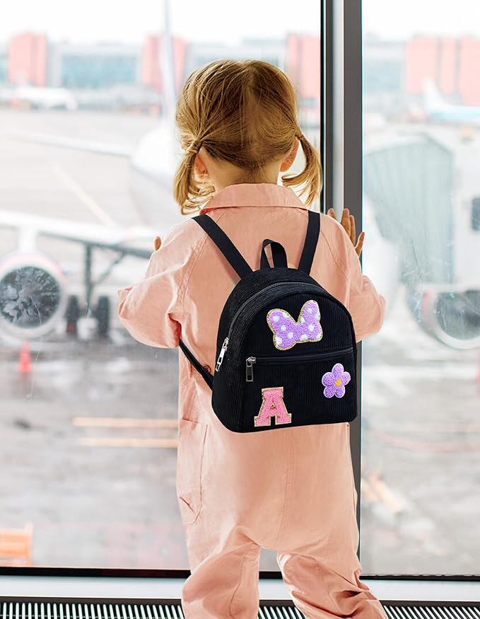 2 3 4 5 6 Year Old Girl Gifts Chenille Initial Mouse Bow Mini Backpack, Corduroy Toddler Backpacks Christmas Birthday Gifts for Girls 2-4 5-6, Black Mini Diaper Bag Must Haves for Park Travel Letter A