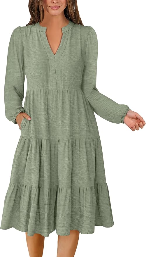 ANRABESS Womens Fall Midi Dresses Long Sleeve V Neck Swing Tiered Work Business Casual 2026 Flowy Beach Vacation Dress