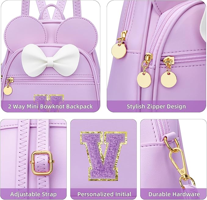 KKXIU Girls Initial Bowknot Cute Mini Backpack for Toddler, Travel Small Girl Backpacks, Personalized Valentine's Day Gifts for Little Girls and Kids(V, Purple)
