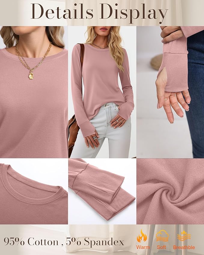 Huukeay 3 Pack Women's Long Sleeve Shirts with Thumb Holes, Cotton Casual Crew Neck Tunic Tops Fall Loose Y2k Trendy Outfits