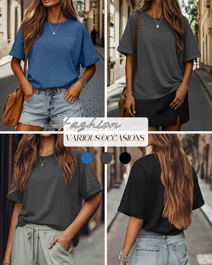 Riyiper 3 Pack Women's Oversized T-Shirt Half Sleeve Summer Tees Casual Loose Fit Crew Neck Basic Tops