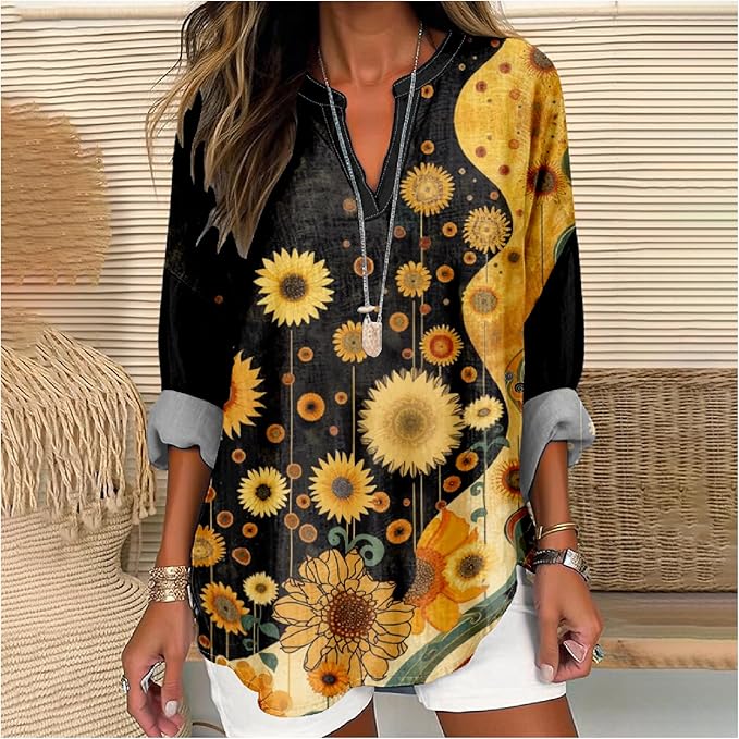 MARSVOVO V Neck Shirt For Women Boho Multi Style Blouse Long Sleeve Novelty Graphic Plus Size Pullover Tops For Women