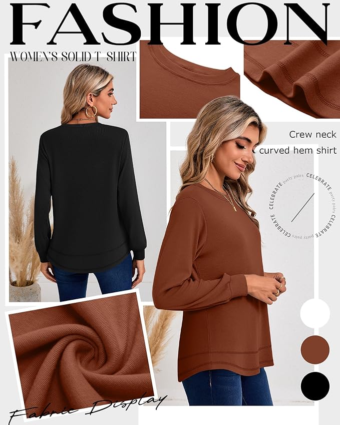 Ficerd 3 Pack Women's Long Sleeve Shirts, Cotton Crew Neck Tunic Tops Casual Loose Fit Pullover Sweatshirts Curved Hem Shirts