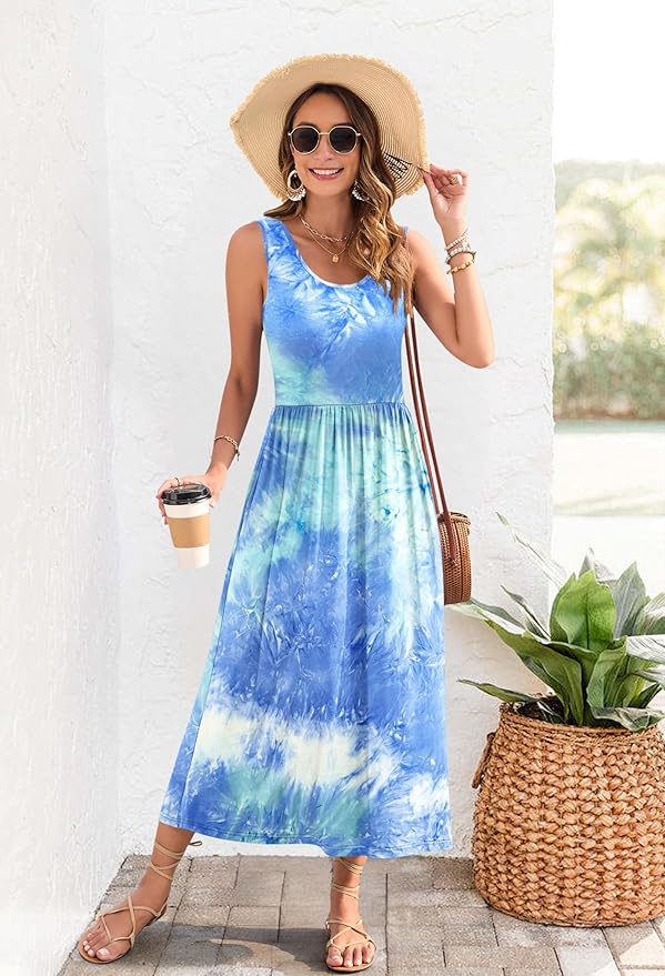 WNEEDU Women's Summer Maxi Dress 2026 Casual Sleeveless Hawaiian Sundress Tropical Long Dress Beach Vacation Outfit