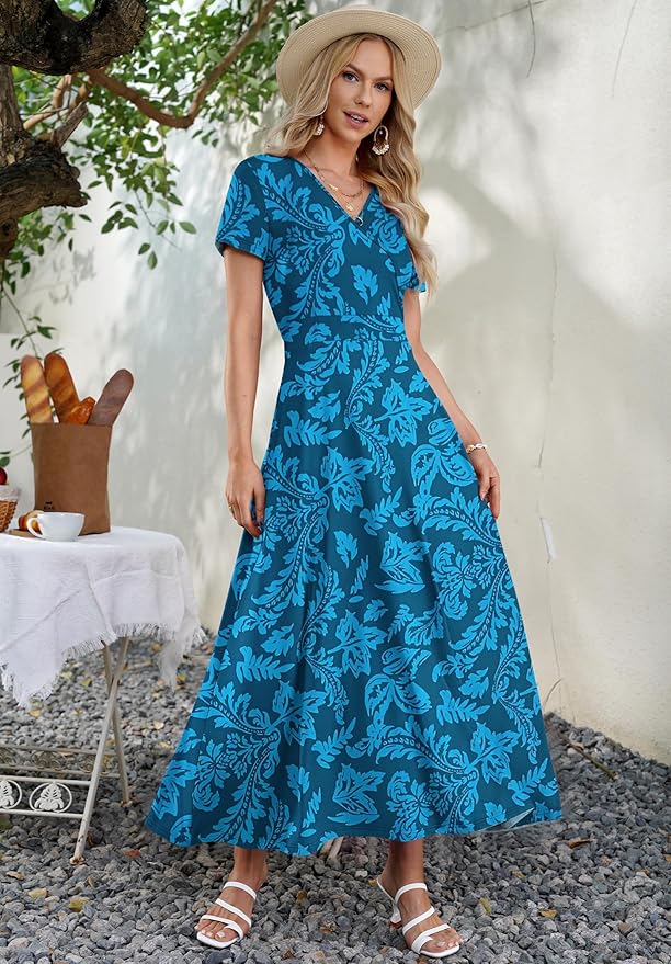 AUSELILY Maxi Dresses for Women Ankle Length Floral Print Beach Long Flowy Dress with Pockets