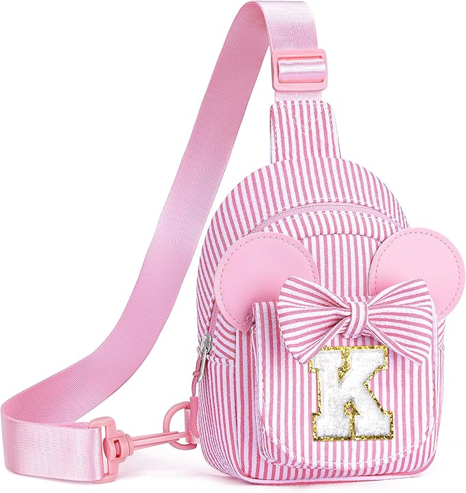 QLOVEA Girls Kids Sling Bag, Pink Initial Crossbody Bag for Kid, Girls Sling Bags for Kids Girl Small Initial Monogram Fanny Packs Personalized Gifts for Girl Kid Year Old Birthday Gifts (Pink K)