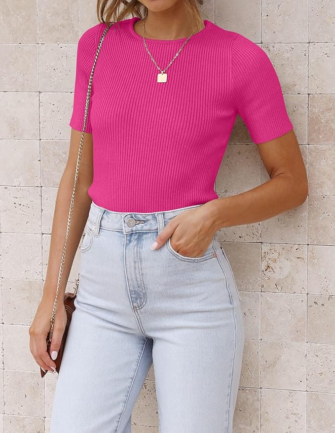 ZESICA Women's Short Sleeve Sweater Tops 2026 Summer Crewneck T Shirt Ribbed Knit Slim Fit Basic Solid Color Tee